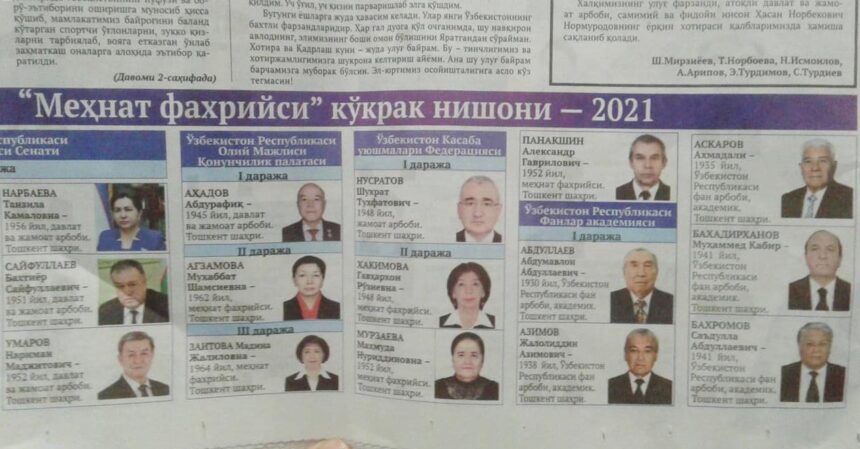 «Mehnat faxriysi» koʼkrak nishoni – 2021 «Mehnat faxriysi» koʼkrak nishoni – 2021