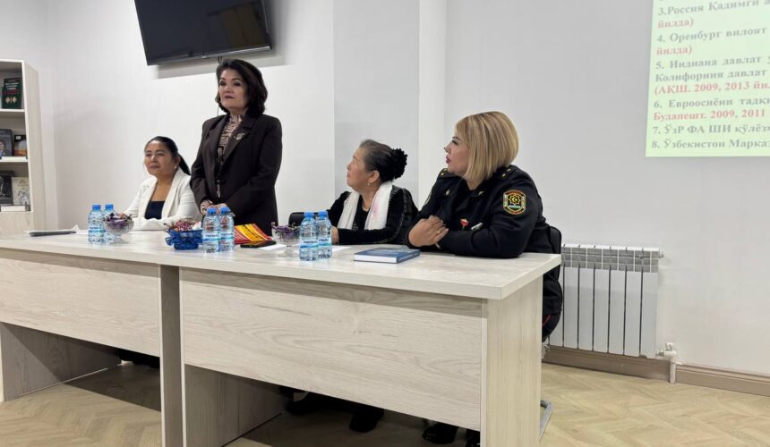 Joriy yilning 26-noyabr kuni Fanlar akademiyasi Fundamental kutubxonasida tarix fanlari doktori, Nizomiy nomidagi O‘zbekiston Milliy pedagogika universiteti professor vazifasini bajaruvchisi Taniyeva Guldona Mamanovna bilan ijodiy uchrashuv bo‘lib o‘tdi Joriy yilning 26-noyabr kuni Fanlar akademiyasi Fundamental kutubxonasida tarix fanlari doktori, Nizomiy nomidagi O‘zbekiston Milliy pedagogika universiteti professor vazifasini bajaruvchisi Taniyeva Guldona Mamanovna bilan ijodiy uchrashuv bo‘lib o‘tdi